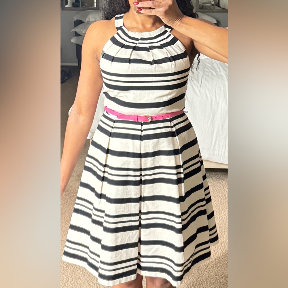 Eliza J Black & White Striped Dress with Pink Belt